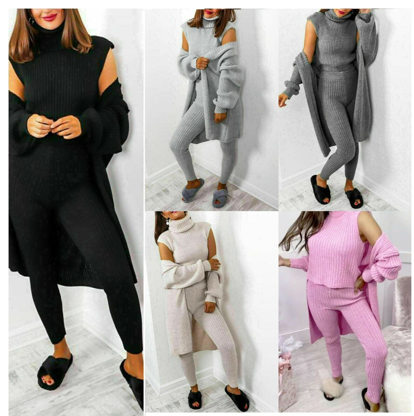 Ladies 3 Piece Suit Roll Neck Chunky Knitted Ribbed Tracksuit Lounge Set