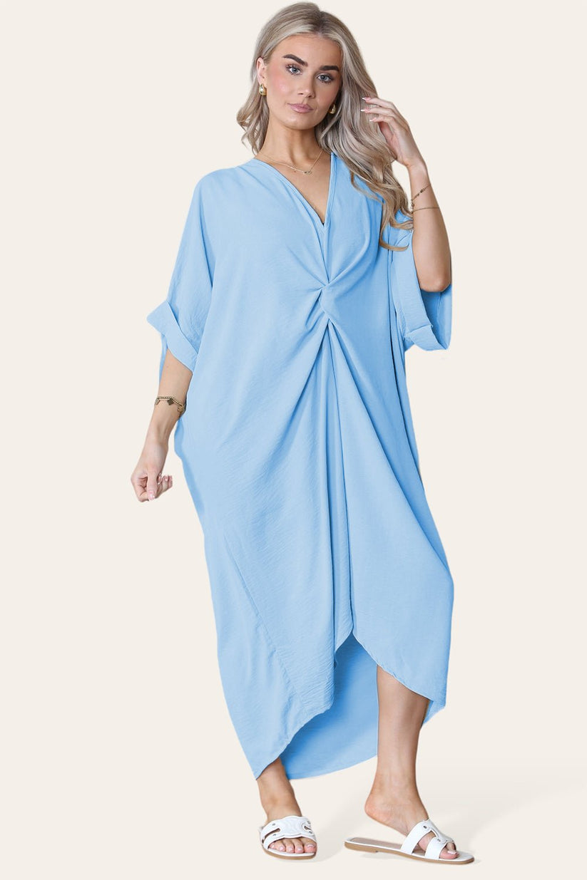 Womens V-Neck Tie Knotted Twisted Front Oversized Longline Midi Dress